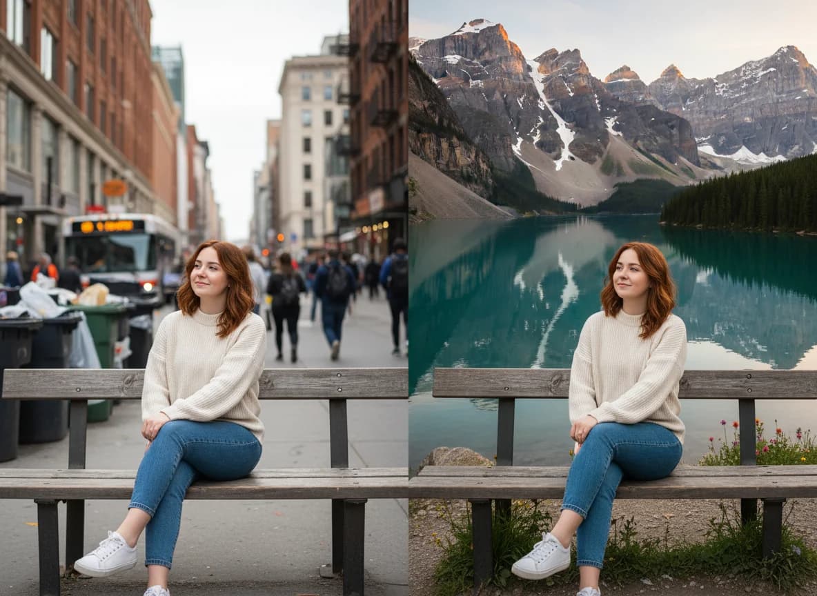 Before and after: a city street background turned into a mountain lake