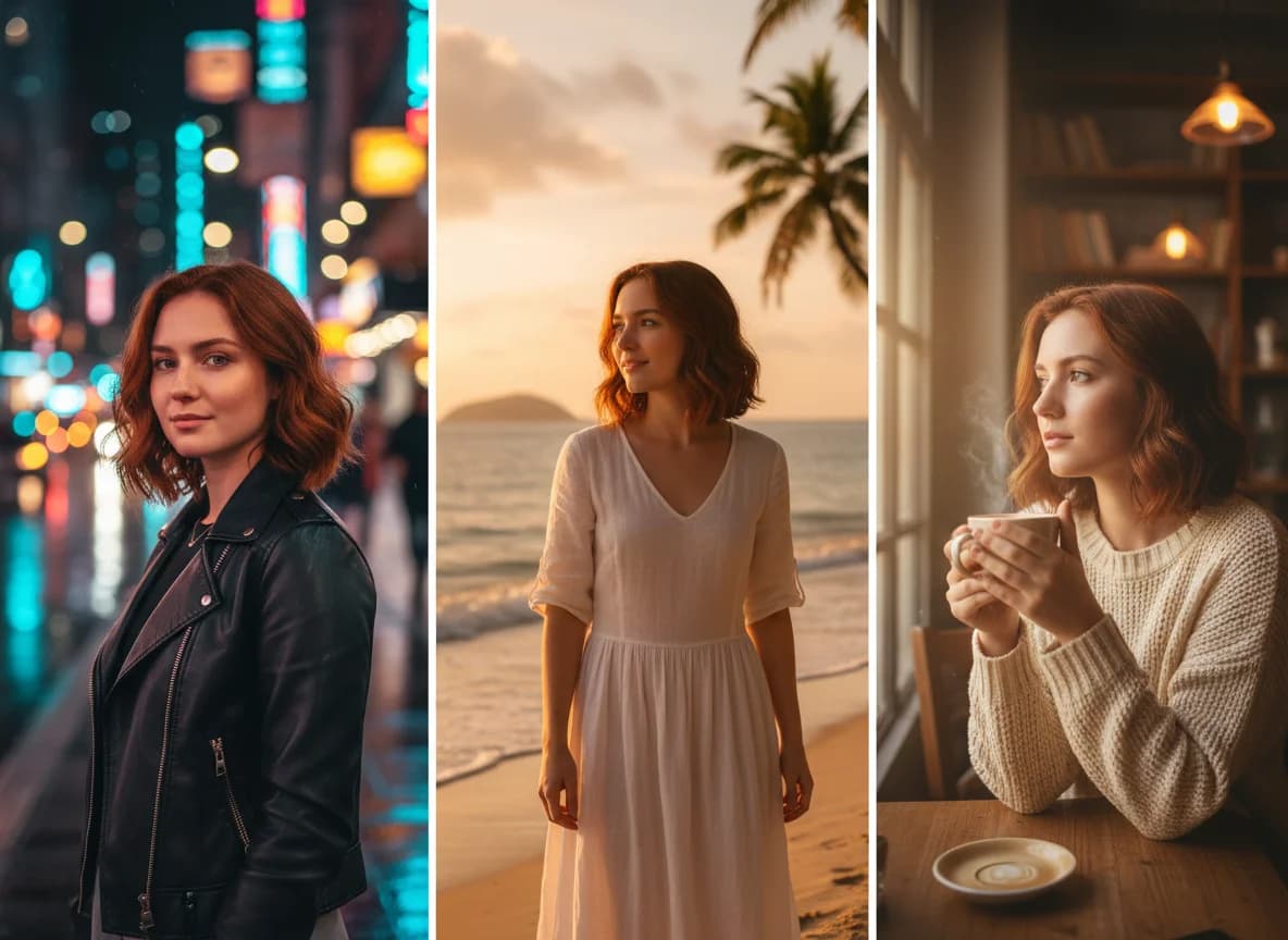 The same character in three scenes: city night, beach, and cafe