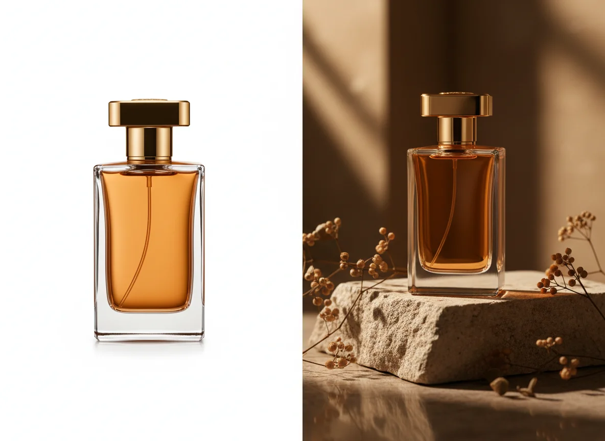 A luxury perfume bottle commercial product shot with warm lighting
