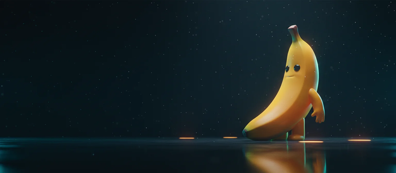 Cinematic wide shot of a giant 3D vinyl banana character
