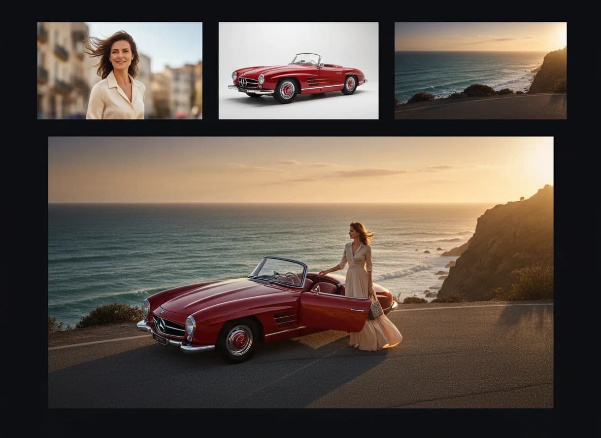 Three reference images combined into a coastal scene composite