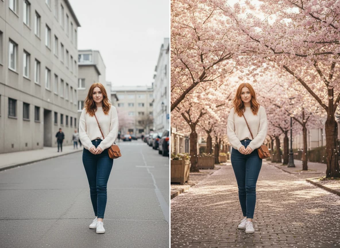 Before and after: a gray street transformed into a cherry blossom street
