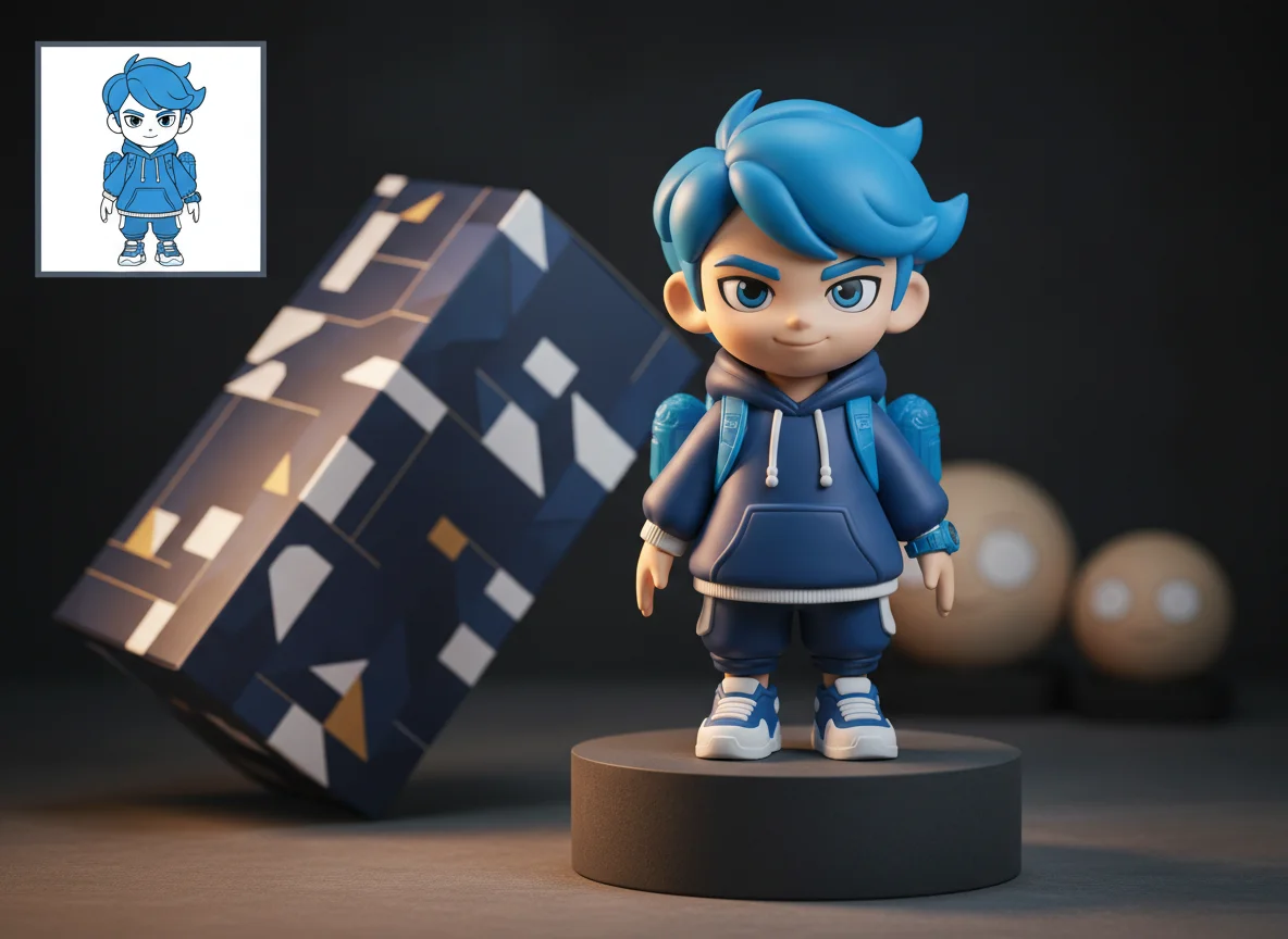 A collectible designer vinyl toy on a display platform
