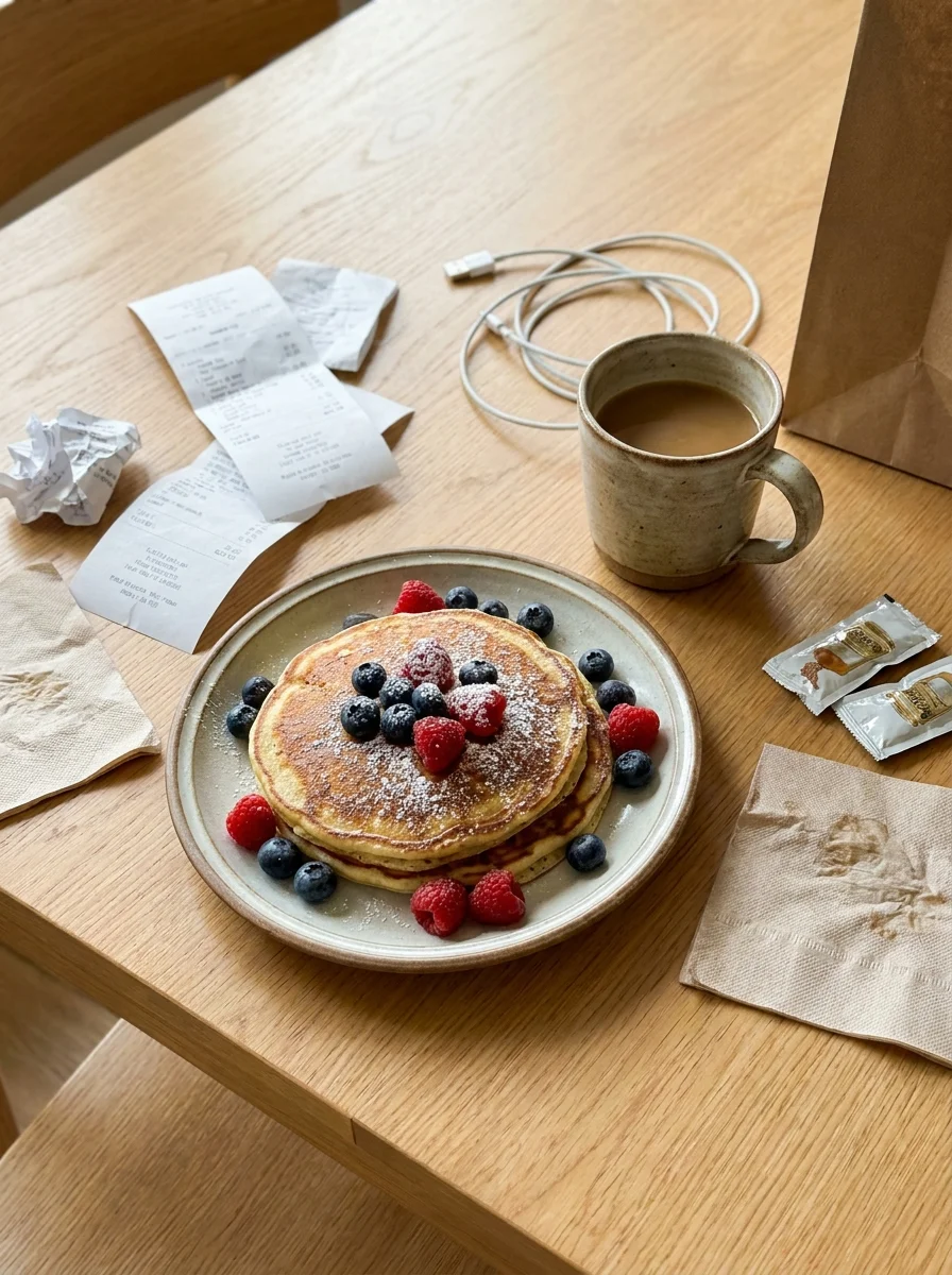 Breakfast table surrounded by receipts, cables, napkins, and packaging