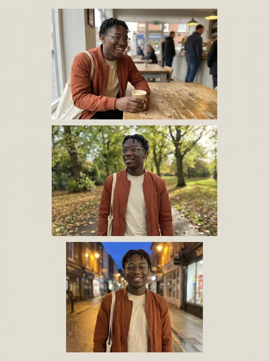 Three everyday scenes that preserve the same character identity and outfit