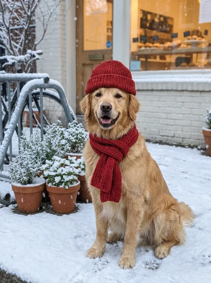 The same golden retriever in winter wearing a red hat and scarf