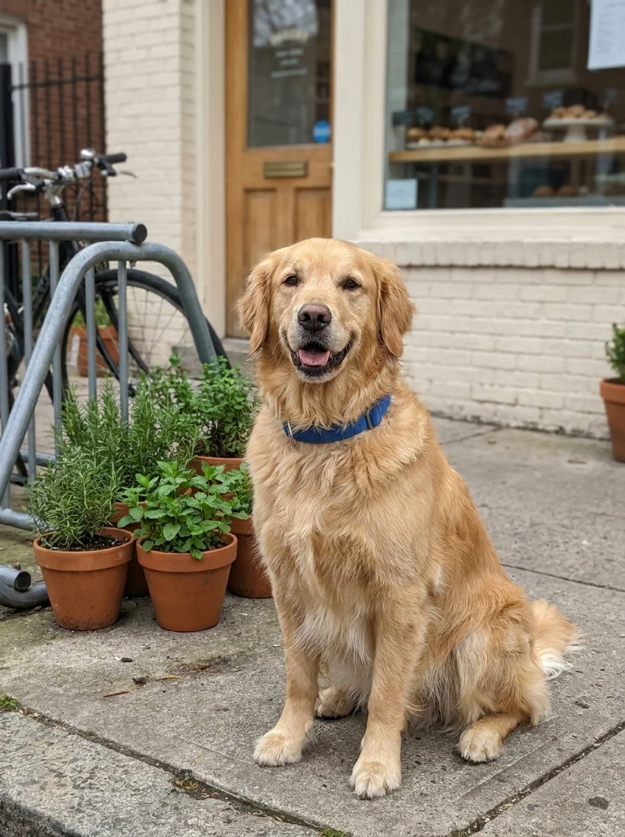 Golden retriever outside a bakery on a spring morning