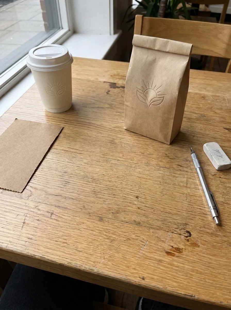 The same logo embossed on a realistic coffee cup and package mockup