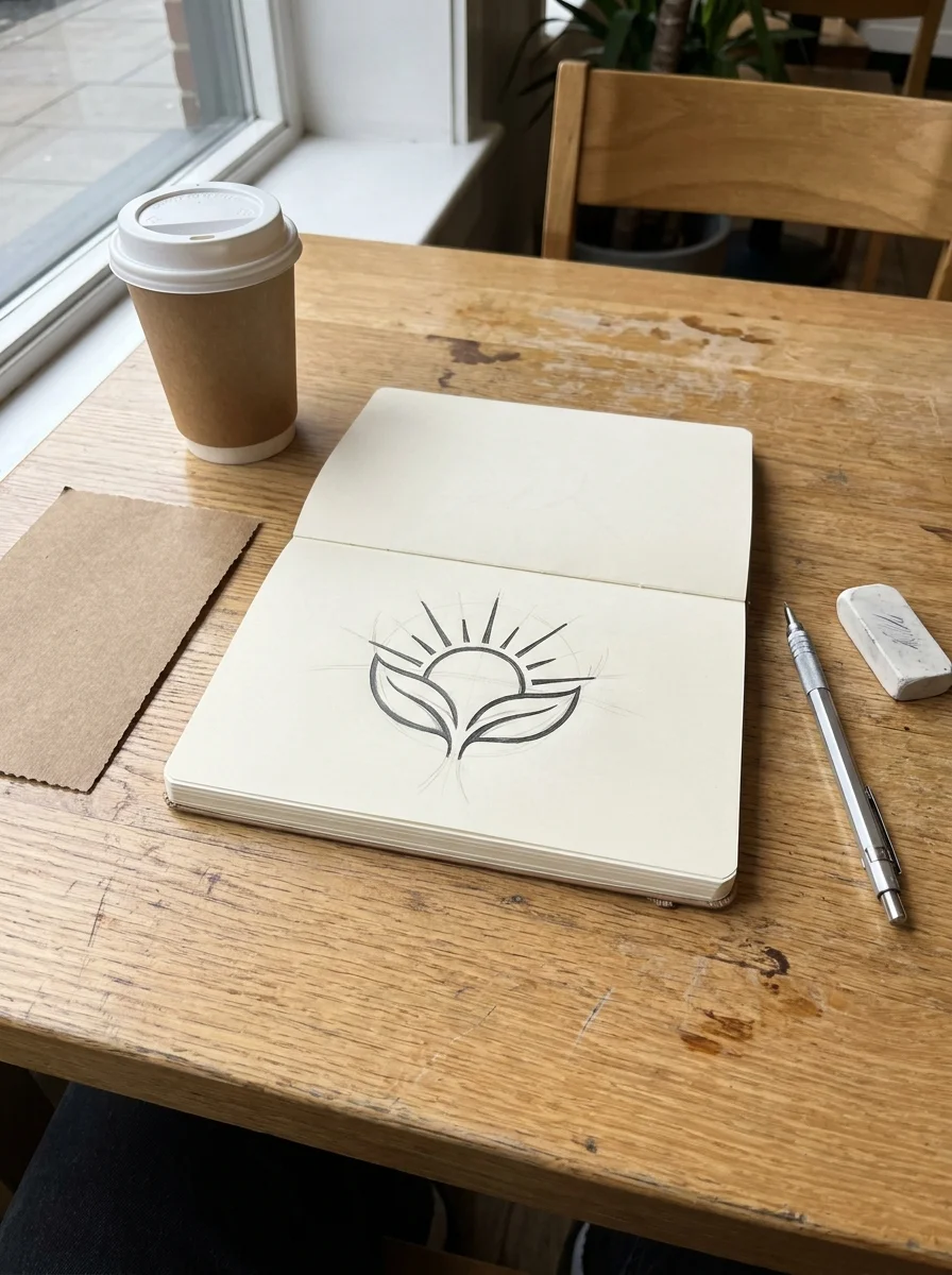 Hand-drawn sun and leaf logo in a sketchbook