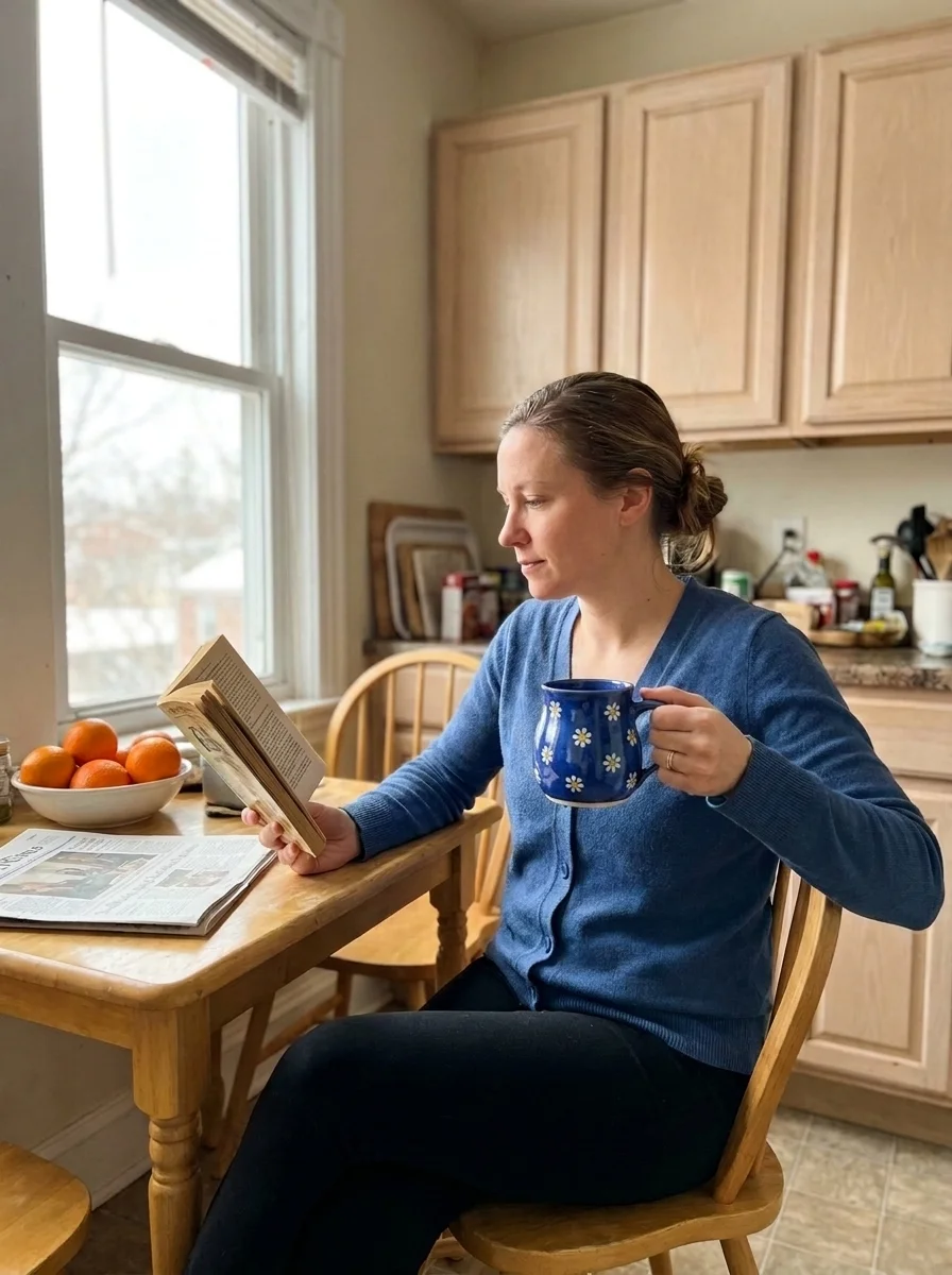 The same kitchen photo with only the mug changed to blue with daisies