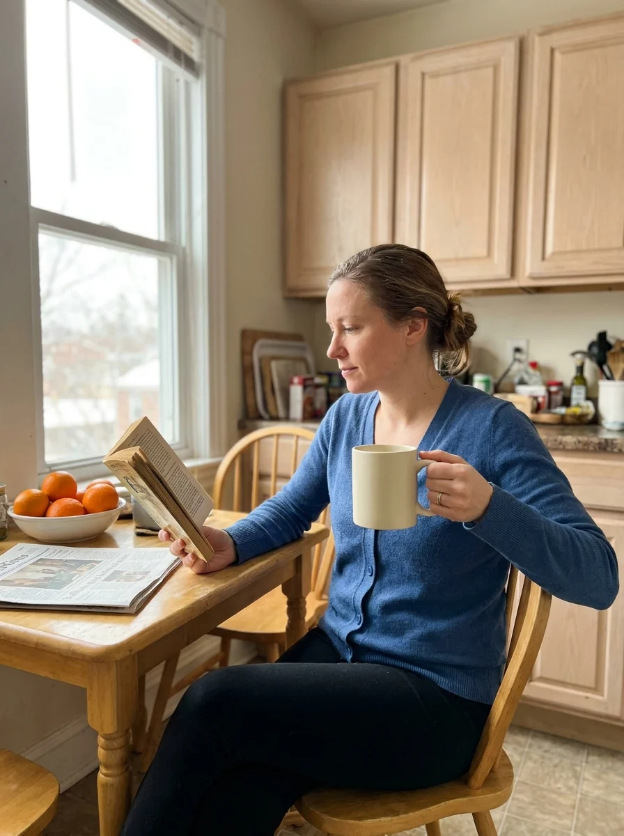 Woman reading in a kitchen while holding a plain cream mug
