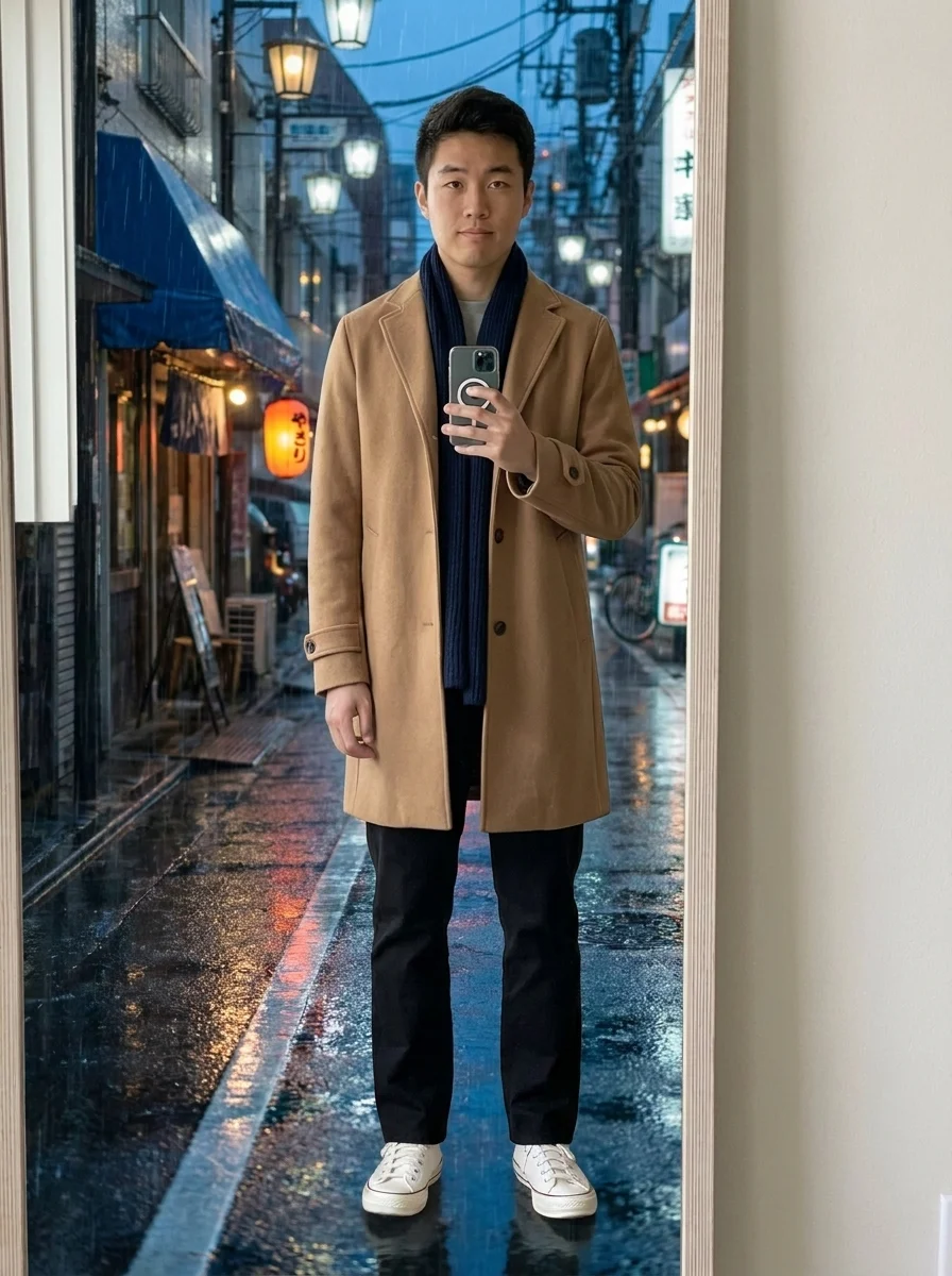 The same portrait on a rainy Tokyo street with a camel coat and scarf