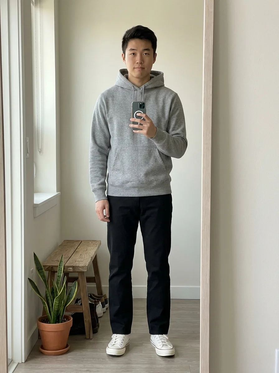 Mirror portrait in a simple apartment with a gray hoodie