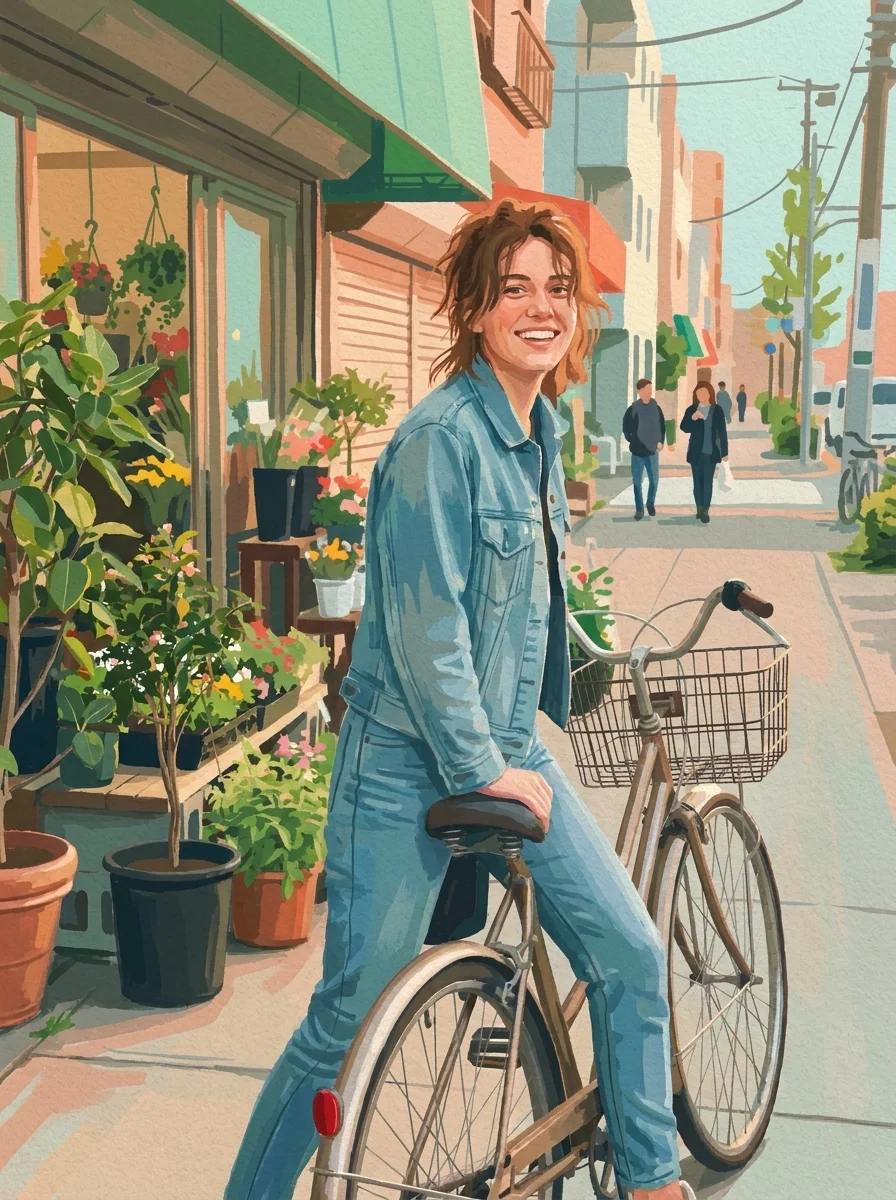 The same bicycle portrait transformed into a colorful gouache illustration