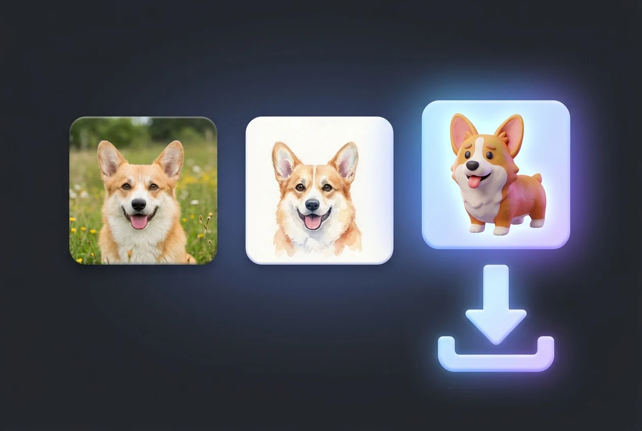 Three generated corgi styles with the selected result ready to download