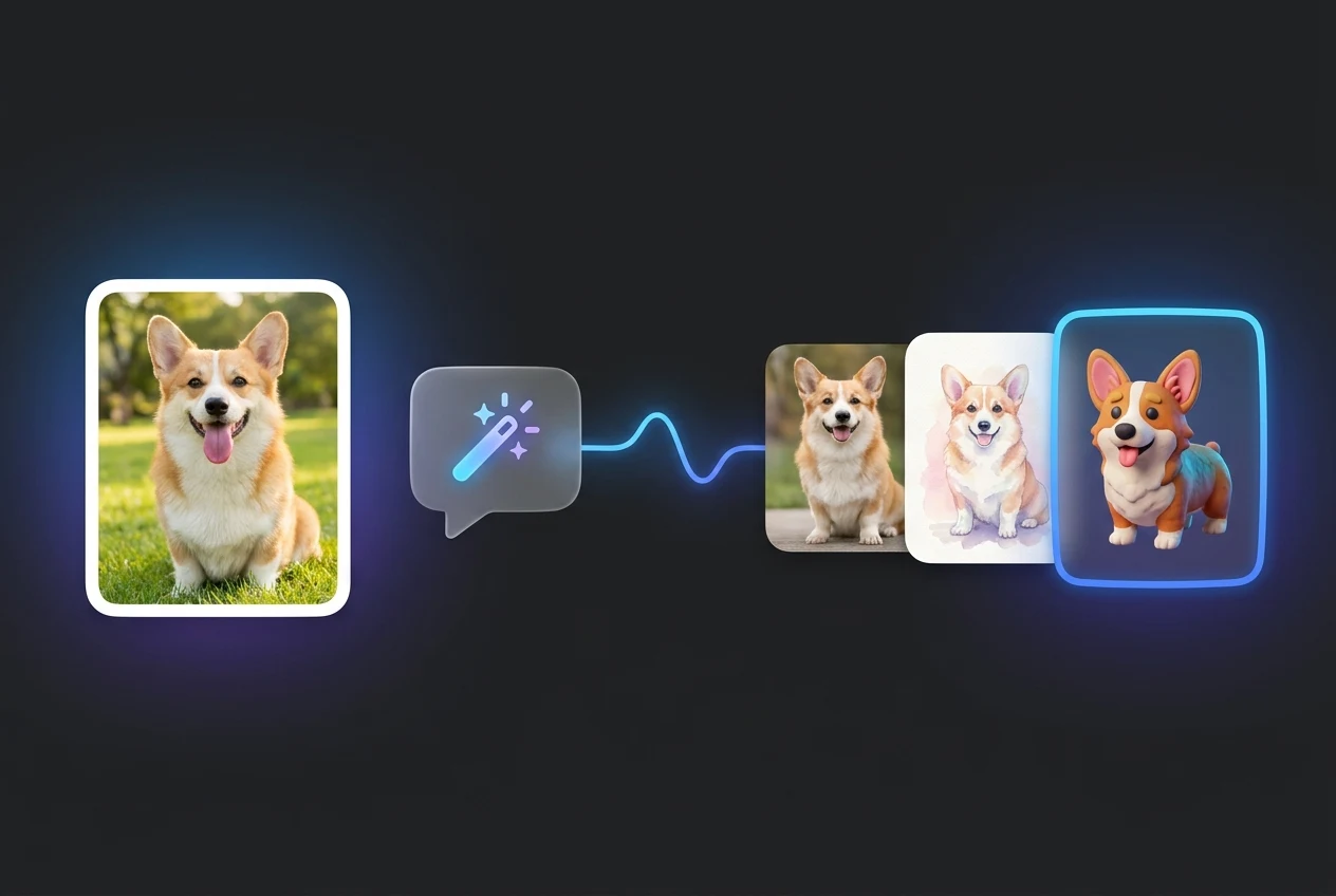 A corgi reference image connected to realistic, watercolor, and clay style choices