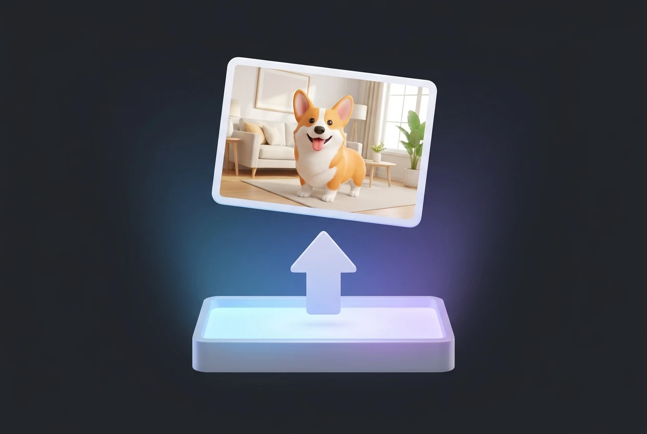 A corgi photo card moving into an illuminated upload tray