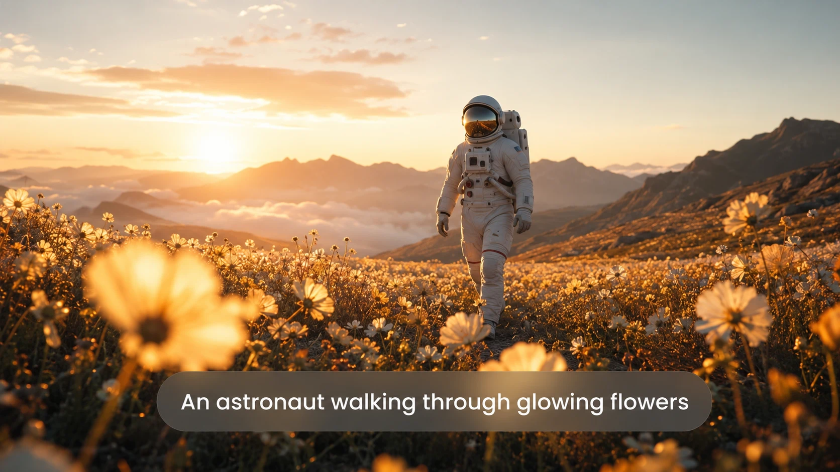 AI image of an astronaut walking through glowing flowers