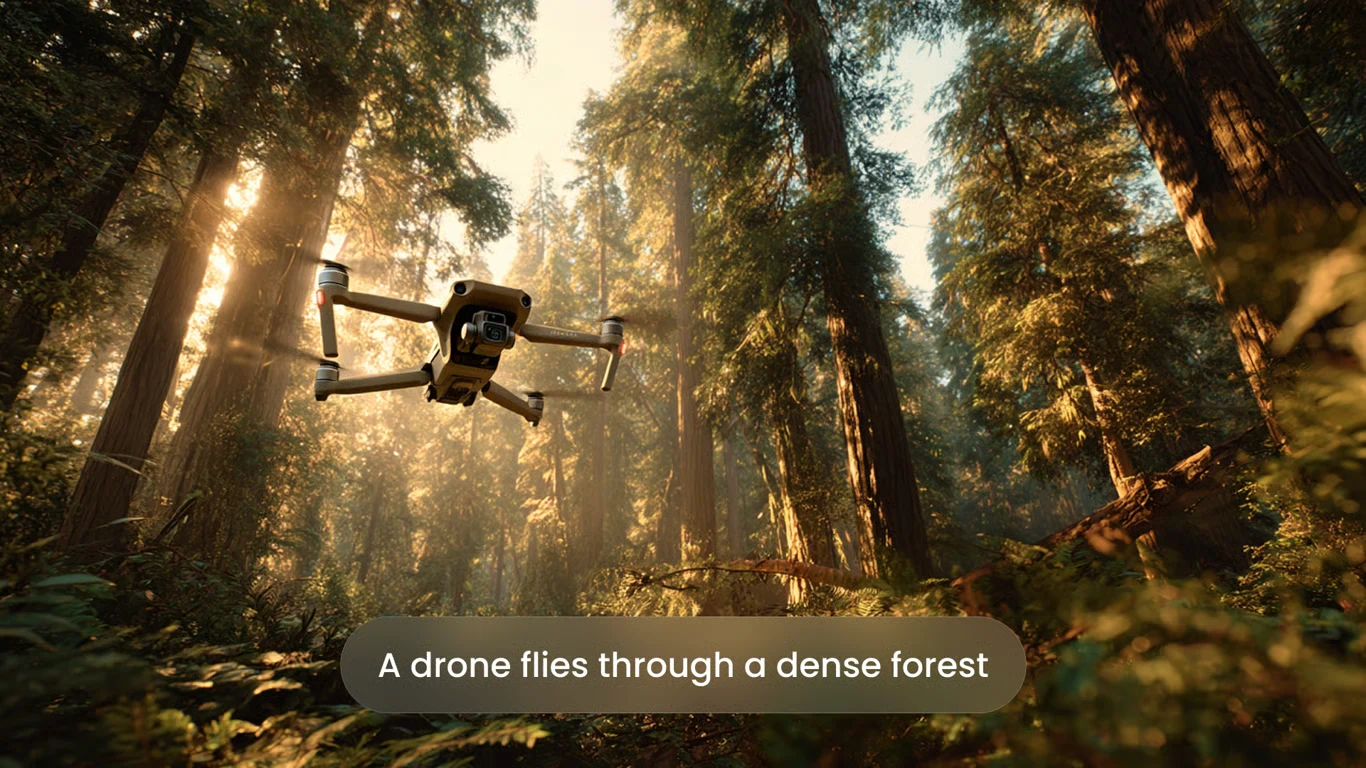 AI image of a drone flying through a dense forest