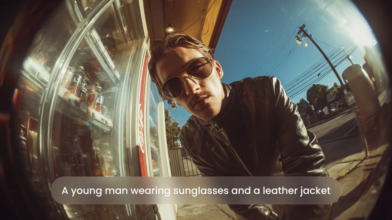 AI fisheye street portrait of a young man wearing sunglasses and a leather jacket
