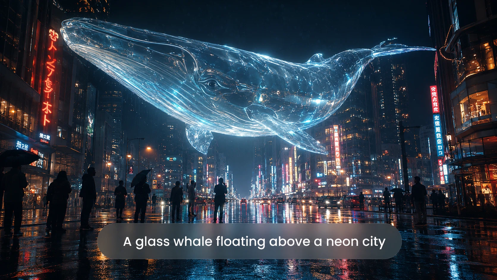 AI image of a glass whale floating above a neon city