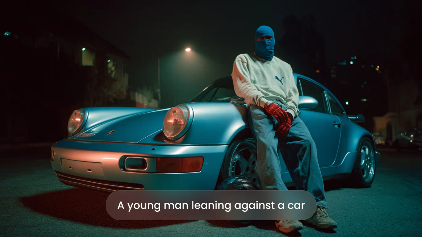 AI night portrait of a young man leaning against a car
